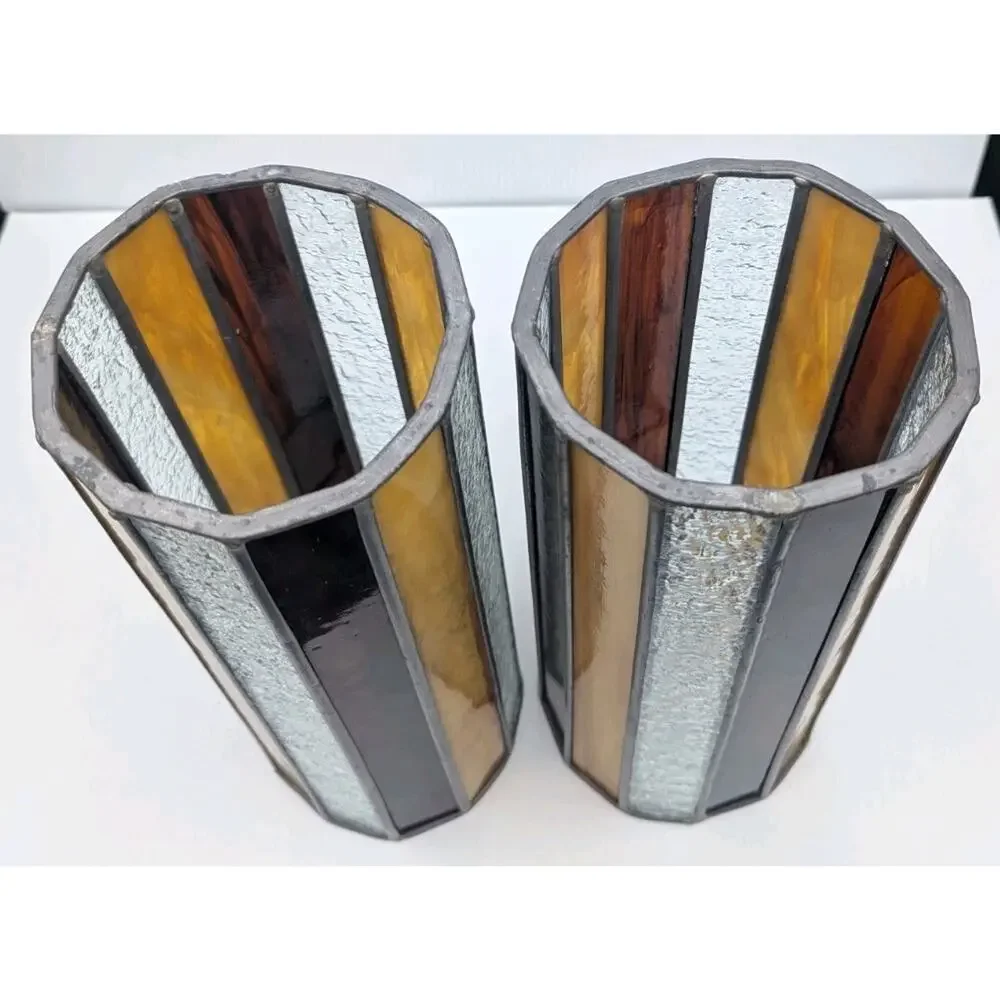 Vintage Stained Glass Tall Cylinder Swag Lamp Shades Lot of 2 Striped